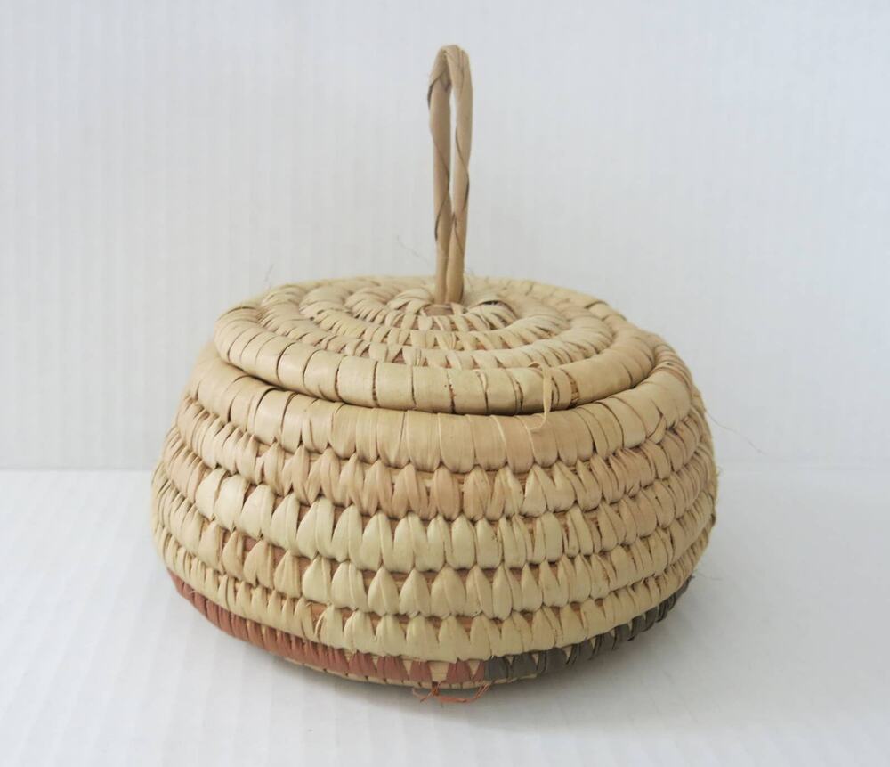 AFRICAN Hand Woven Hanging Basket Grass Tribal Ethnic Lid and Loop Nigeria Tans